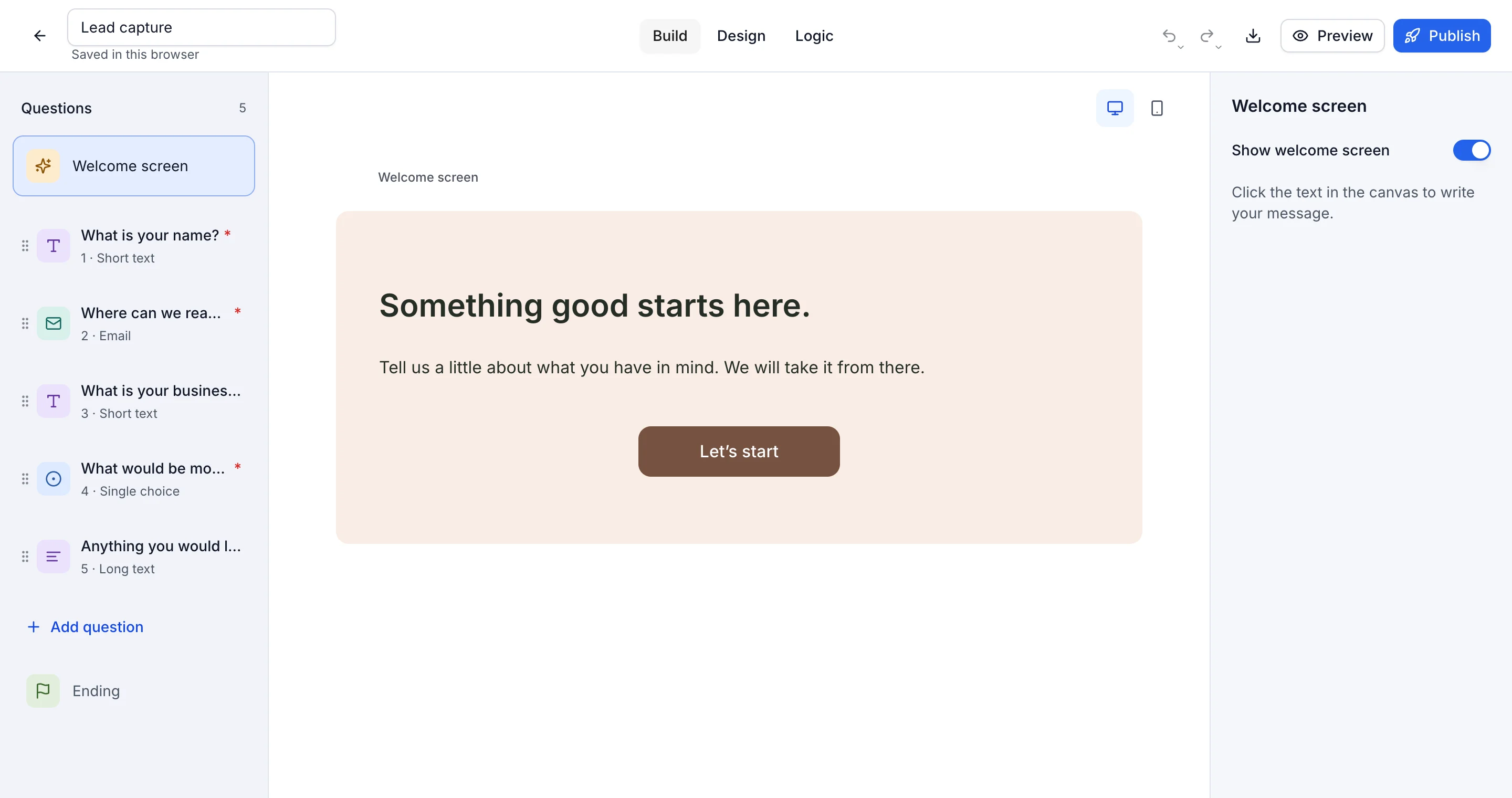 The trulyform editor with the Lead capture template open