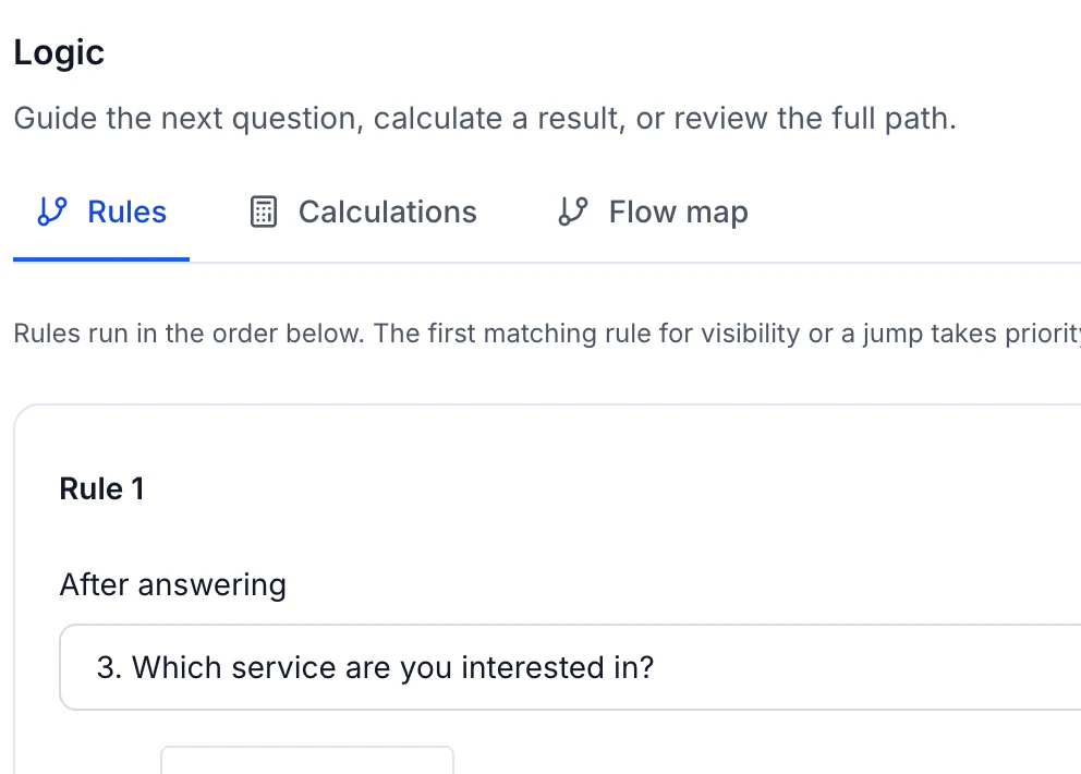 A logic rule that shows a follow-up question for website projects
