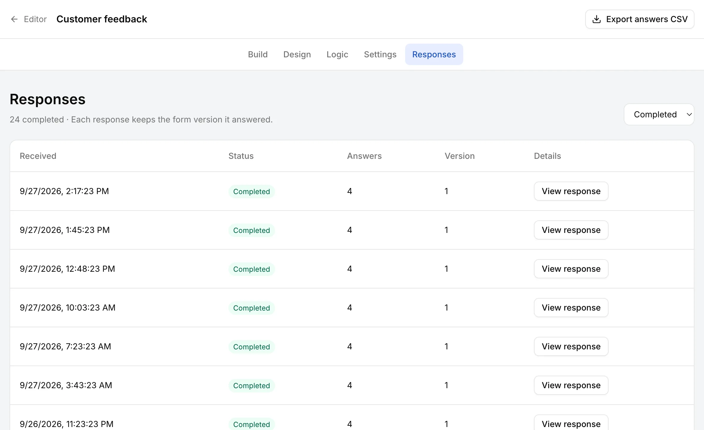The Customer feedback responses page in trulyform, showing 24 completed responses