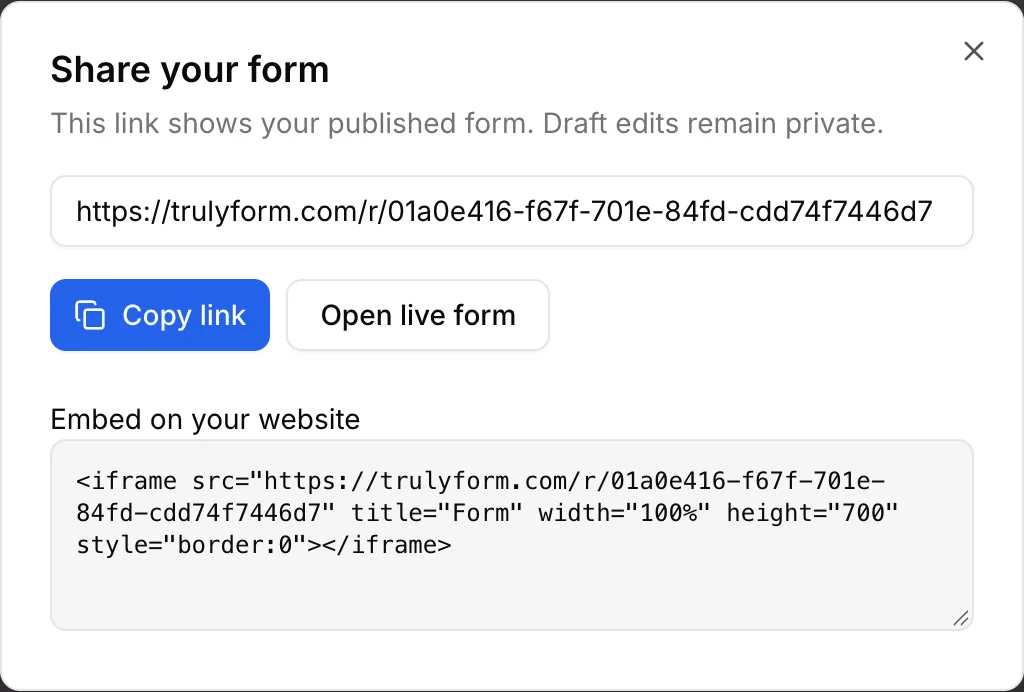 trulyform’s Share your form dialog with the public link, a copy button, and embed code